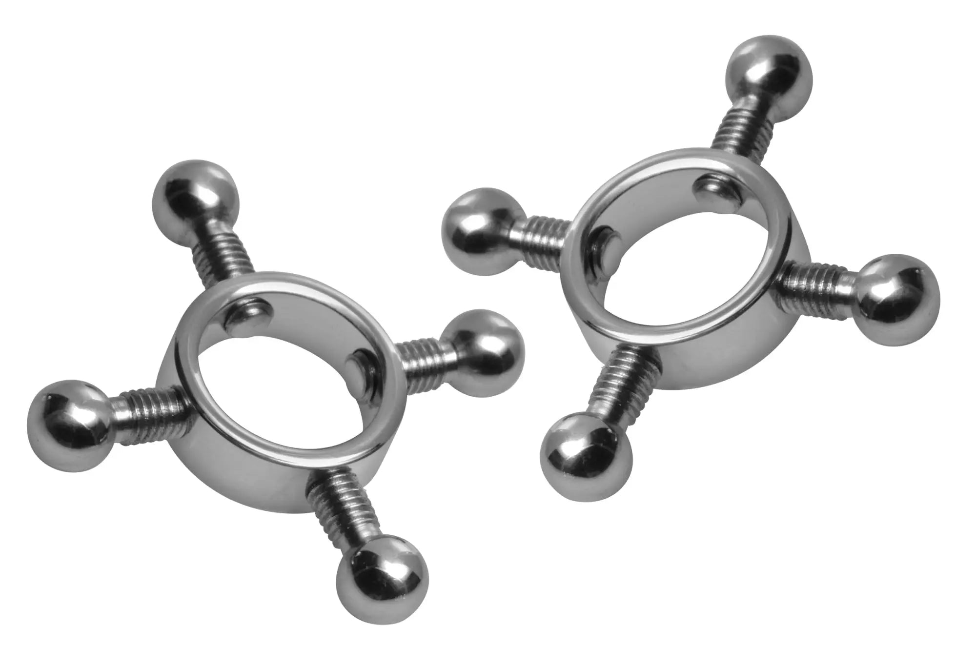 Silver-toned stainless steel nipple clamps with four threaded arms and spherical ends from master series rings of fire