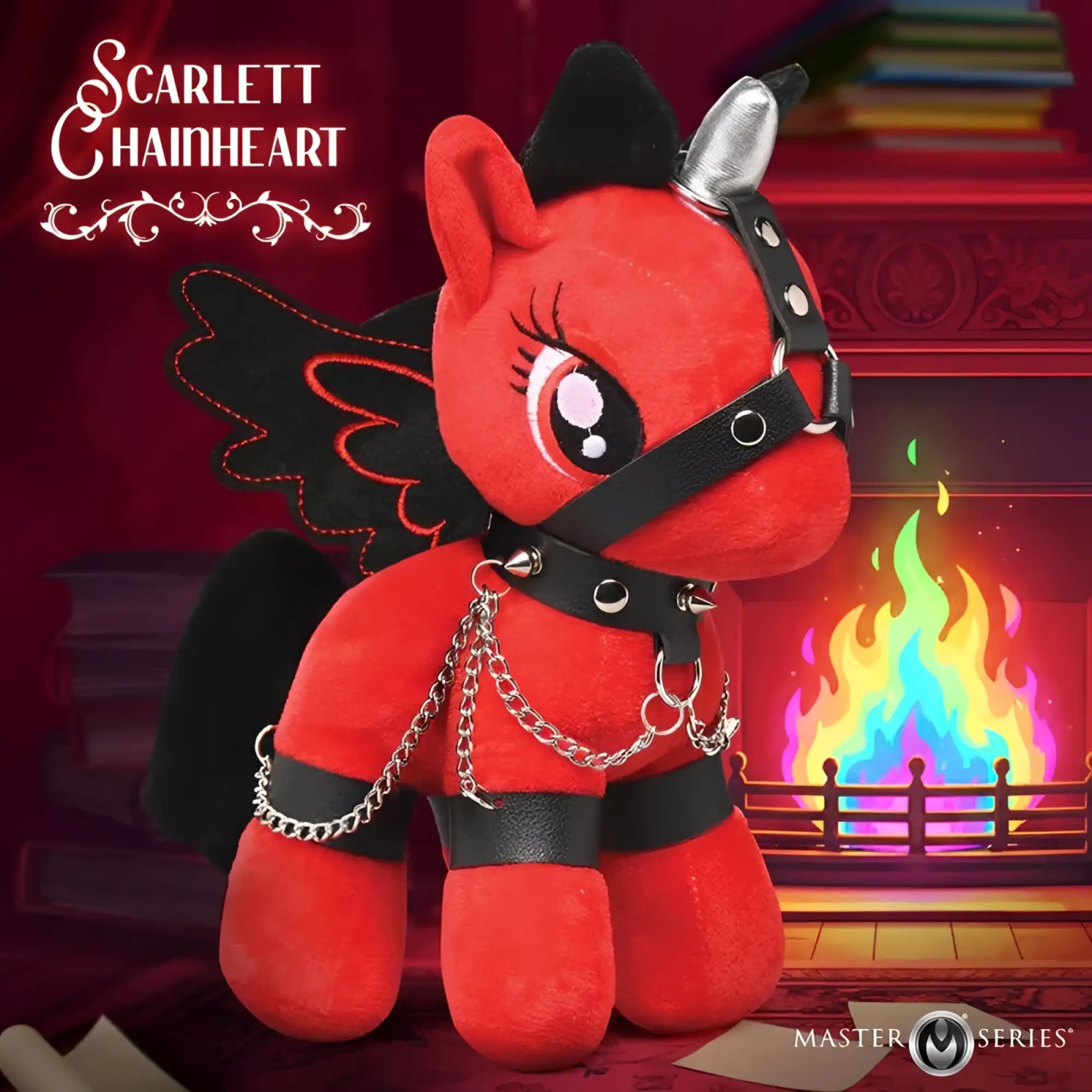 Master series scarlet chainheart bondage pony plush with red fur black wings silver horns and chain details