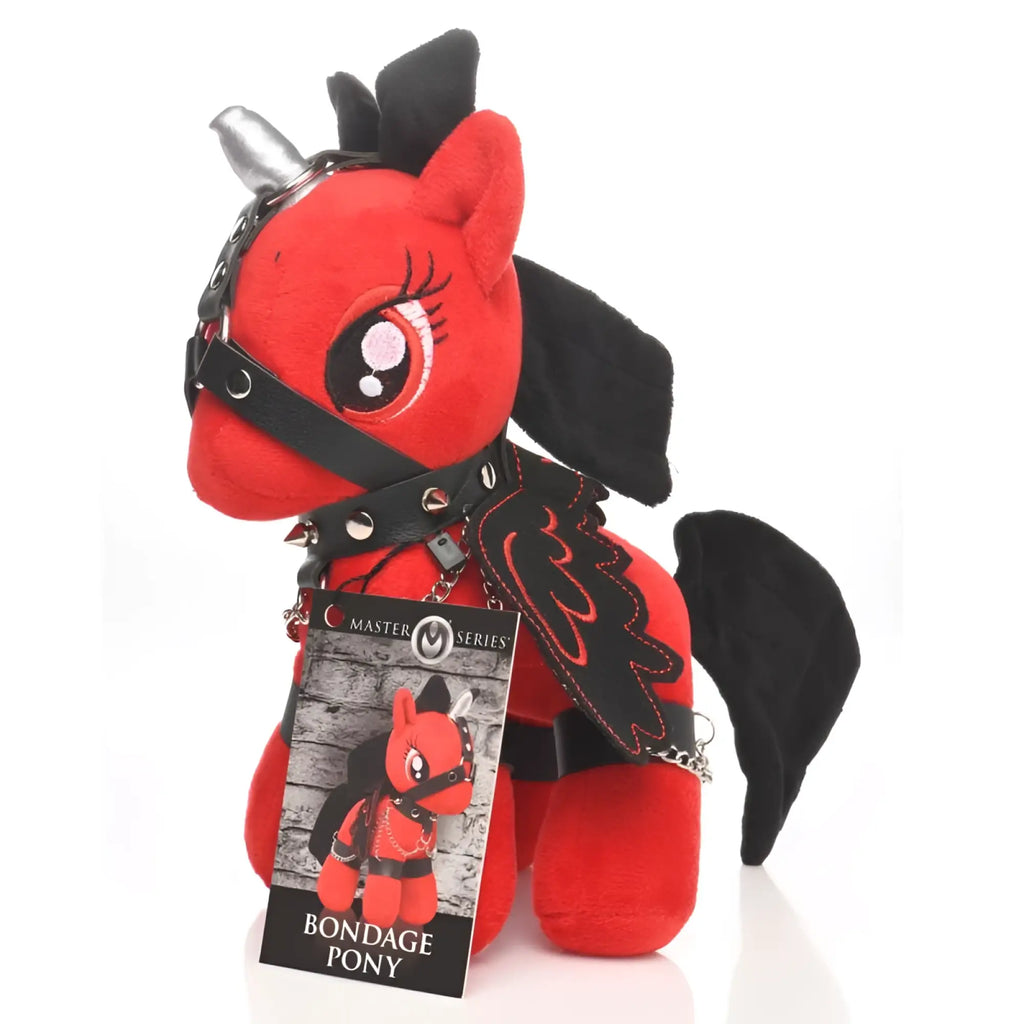 Master series scarlet chainheart bondage pony red plush with black wings silver horn and studded leather harness