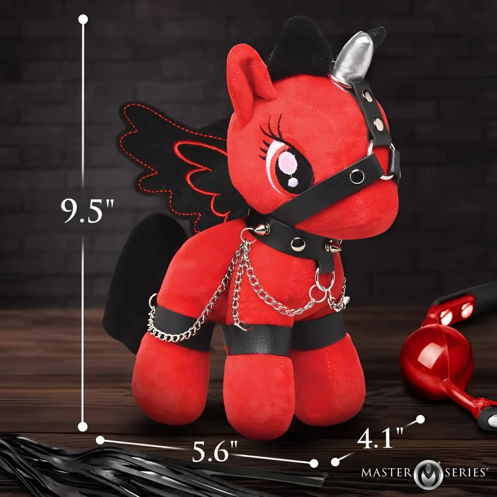 Master Series Scarlet Chainheart bondage pony is a red plush pony with black wings silver horn and leather chain harness