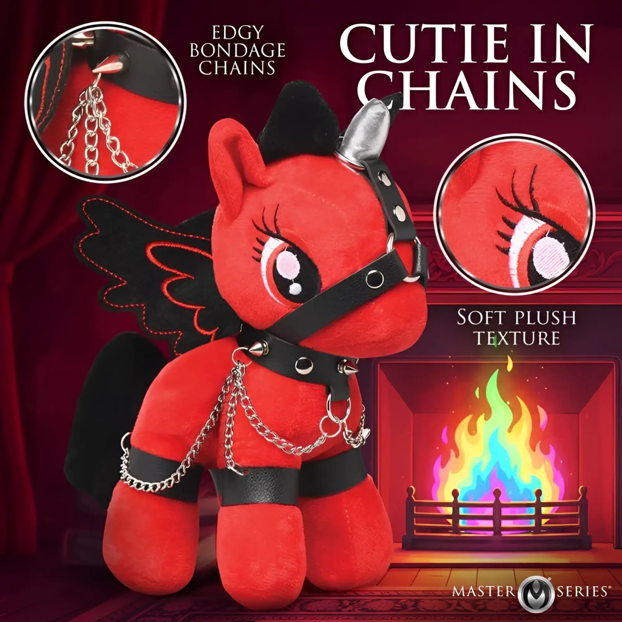 Red plush bondage pony with black wings and leather chains from master series scarlet chainheart collection