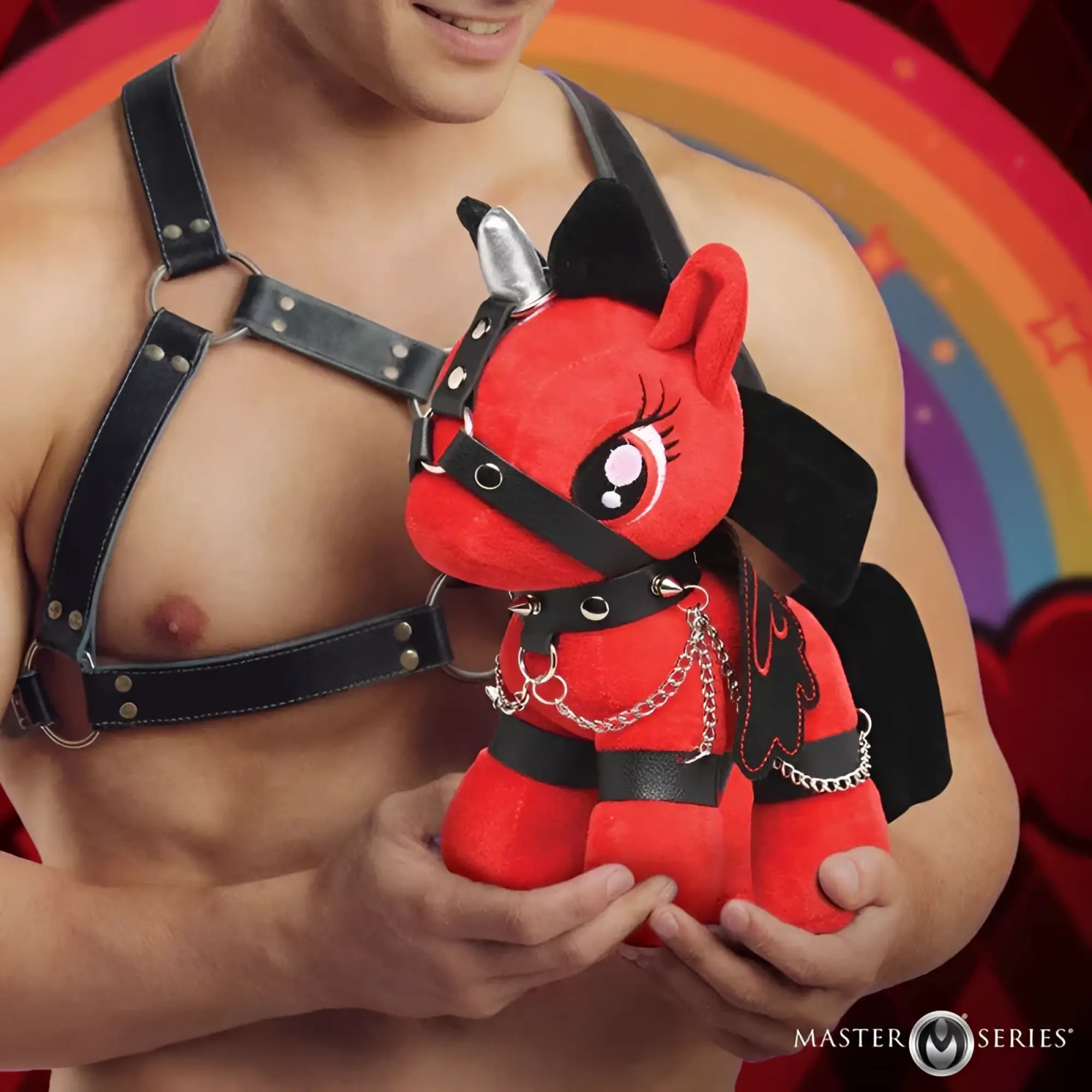 Master series scarlet chainheart bondage pony is a red plush devil pony with black wings silver horn and metallic chains