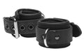 Black leather ankle cuffs with silver metal buckles and d-rings from master series serve neoprene buckle cuffs