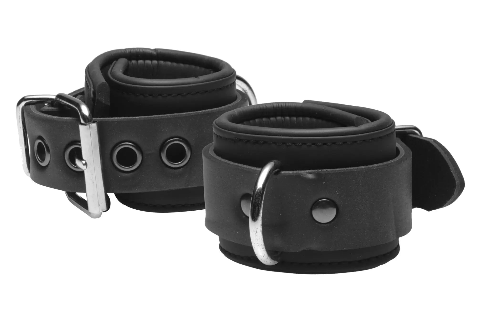 Black leather ankle cuffs with silver metal buckles and d-rings from master series serve neoprene buckle cuffs