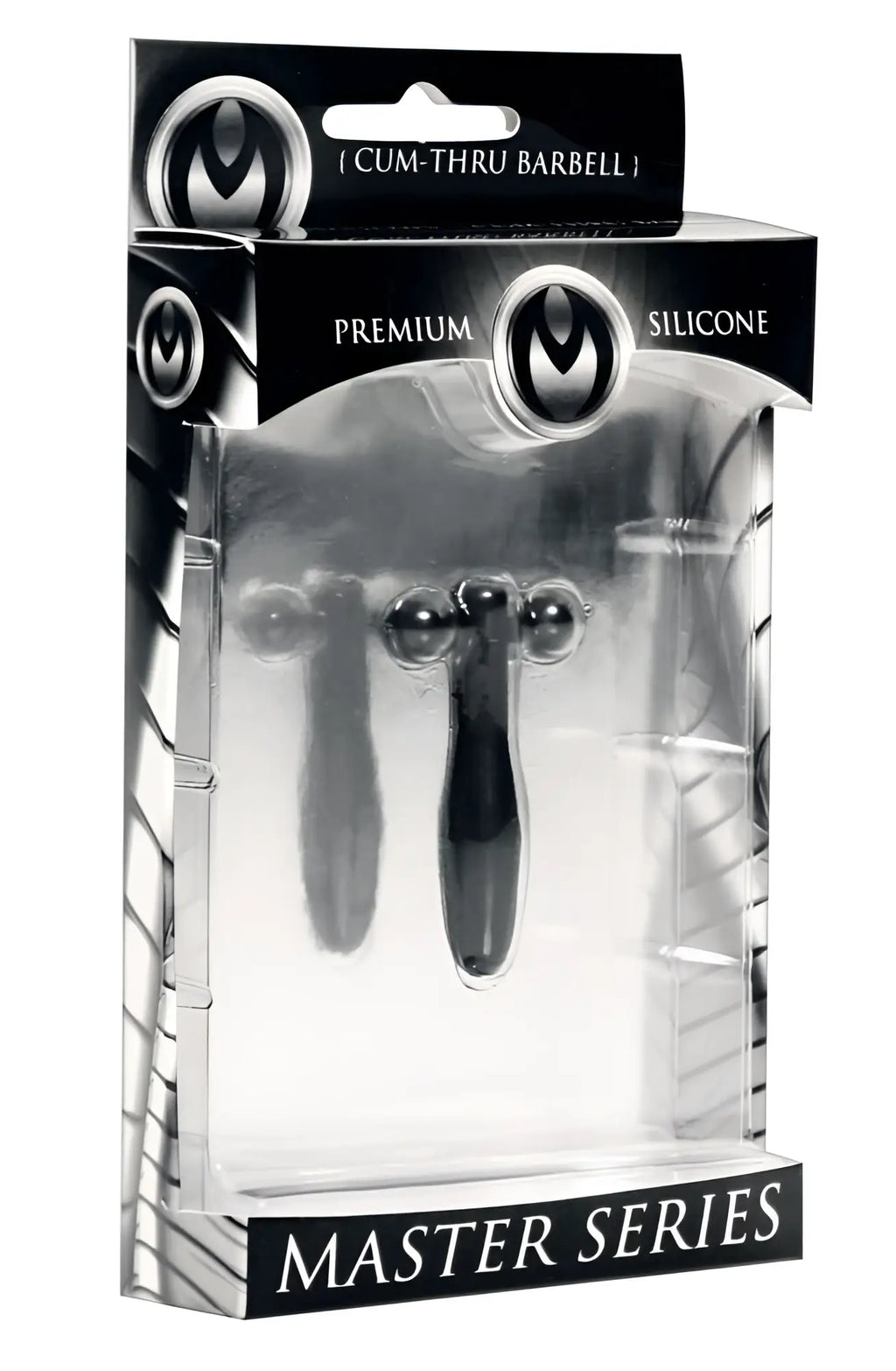 Black silicone cum-thru barbell penis plug from master series showing translucent design and smooth finish