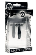 Black silicone cum-thru barbell penis plug from master series showing translucent design and smooth finish