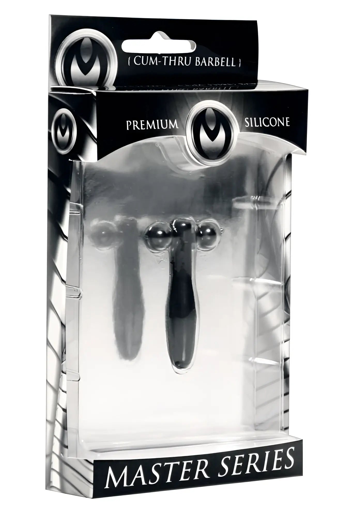 Black silicone cum-thru barbell penis plug from master series showing translucent design and smooth finish