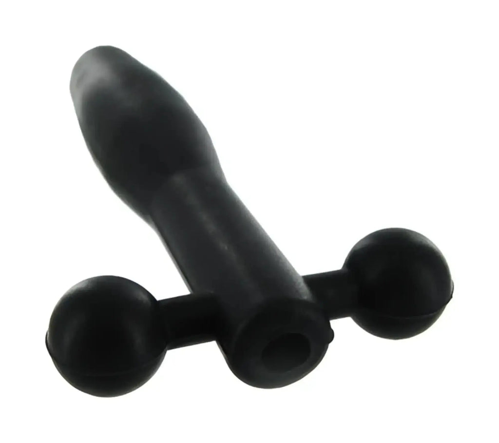 Black silicone cum-thru barbell penis plug with two spherical handles on either side of central shaft by master series