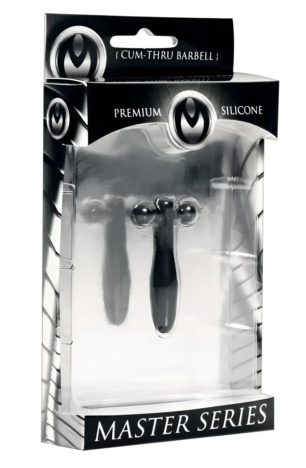 Black silicone cum-thru barbell penis plug from master series showing translucent design and smooth finish