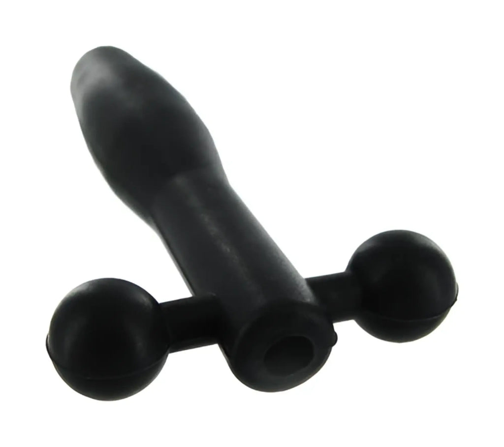 Black silicone cum-thru barbell penis plug with two spherical handles on either side of central shaft by master series