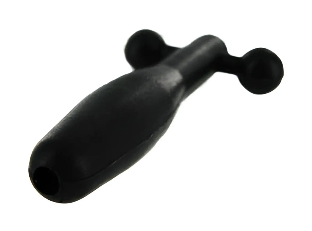 Black rubberized grip handle with two spherical end caps for Master Series silicone cum-thru barbell penis plug