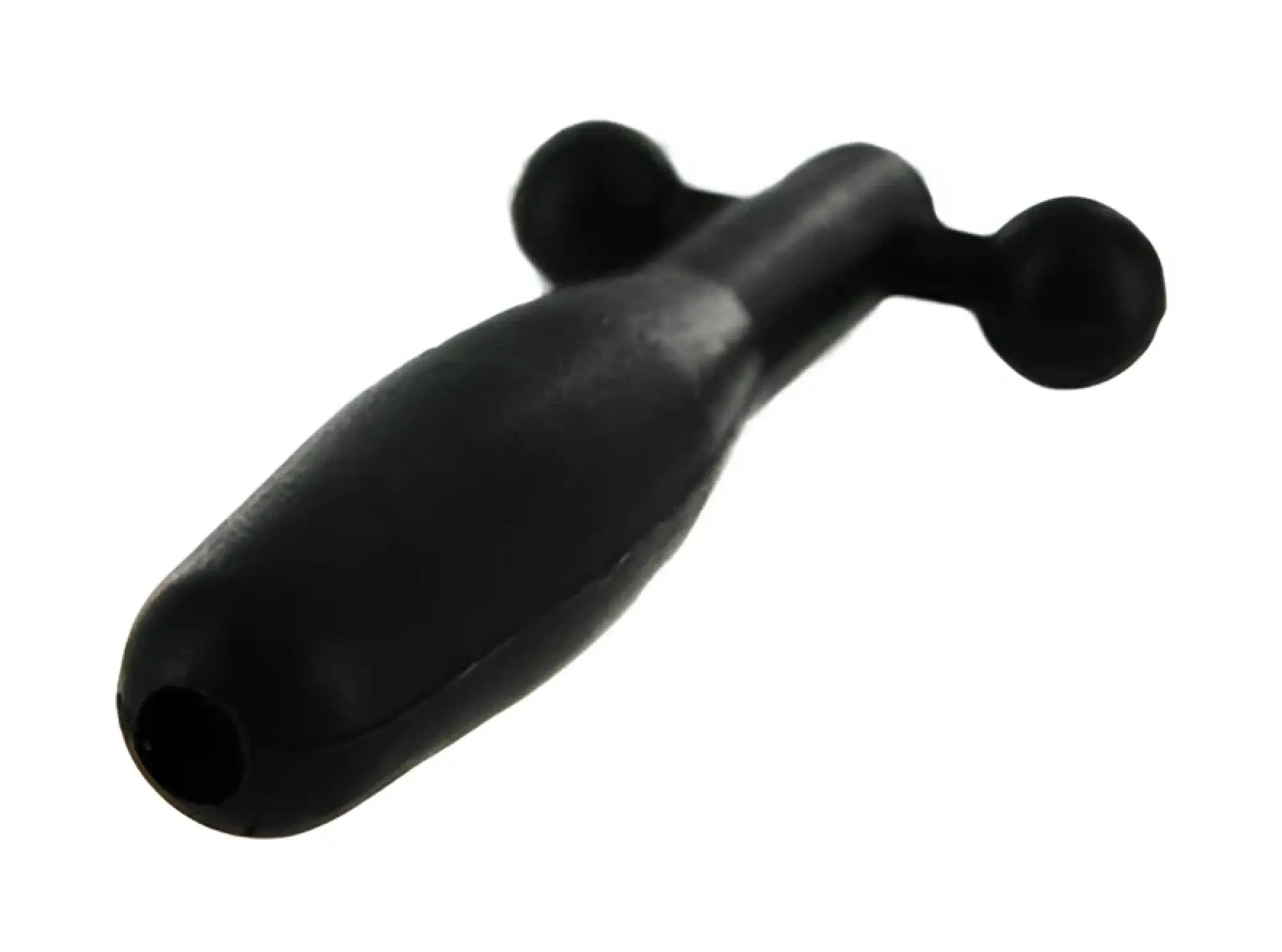 Black rubberized grip handle with two spherical end caps for Master Series silicone cum-thru barbell penis plug