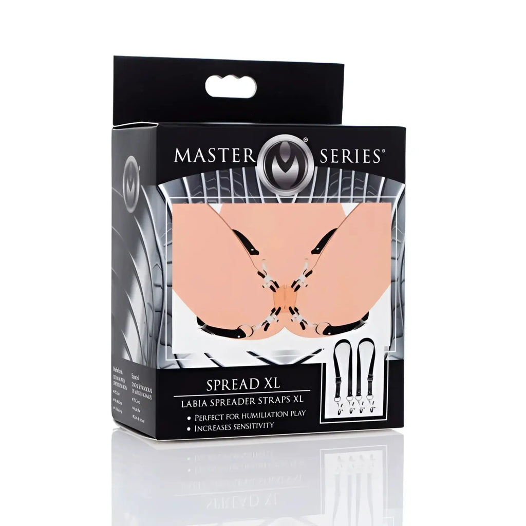 Master series spread xl labia spreader straps in black with adjustable elastic bands and metal clasps for secure fit