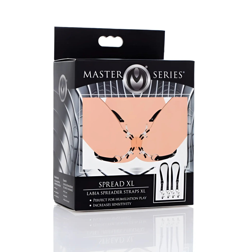 Master series spread xl labia spreader straps in black with adjustable elastic bands and metal clasps for secure fit