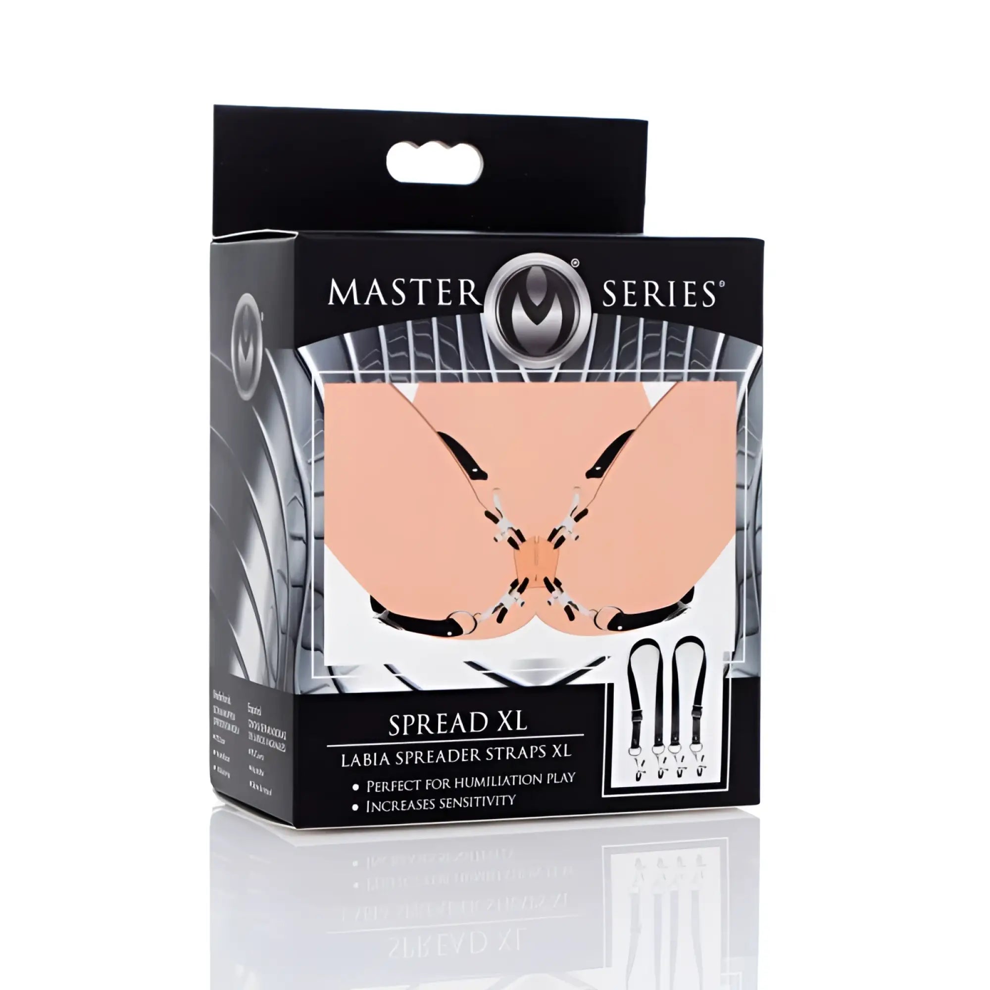 Master series spread xl labia spreader straps in black with adjustable elastic bands and metal clasps for secure fit