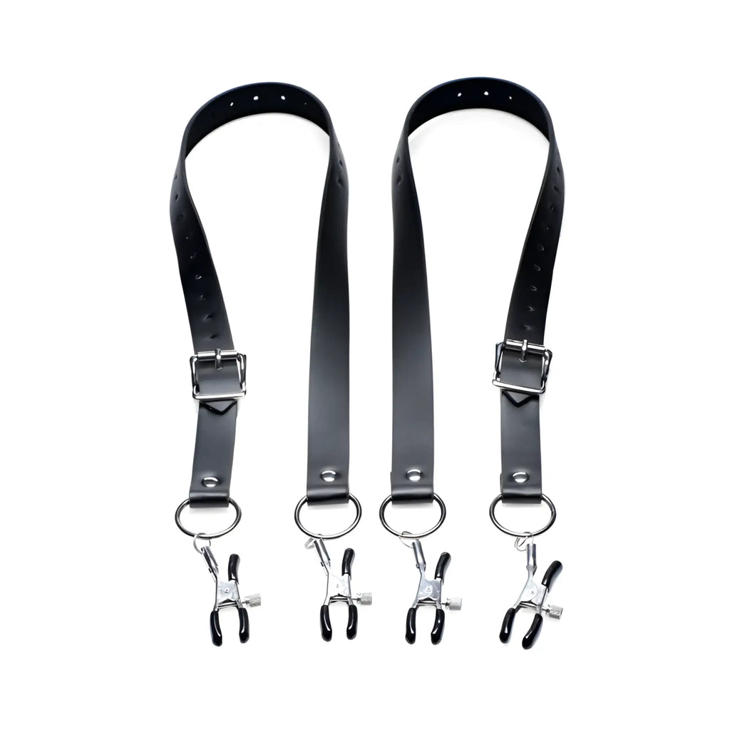 Master series spread xl labia spreader straps made of black leather with silver buckles and black tipped metal clamps