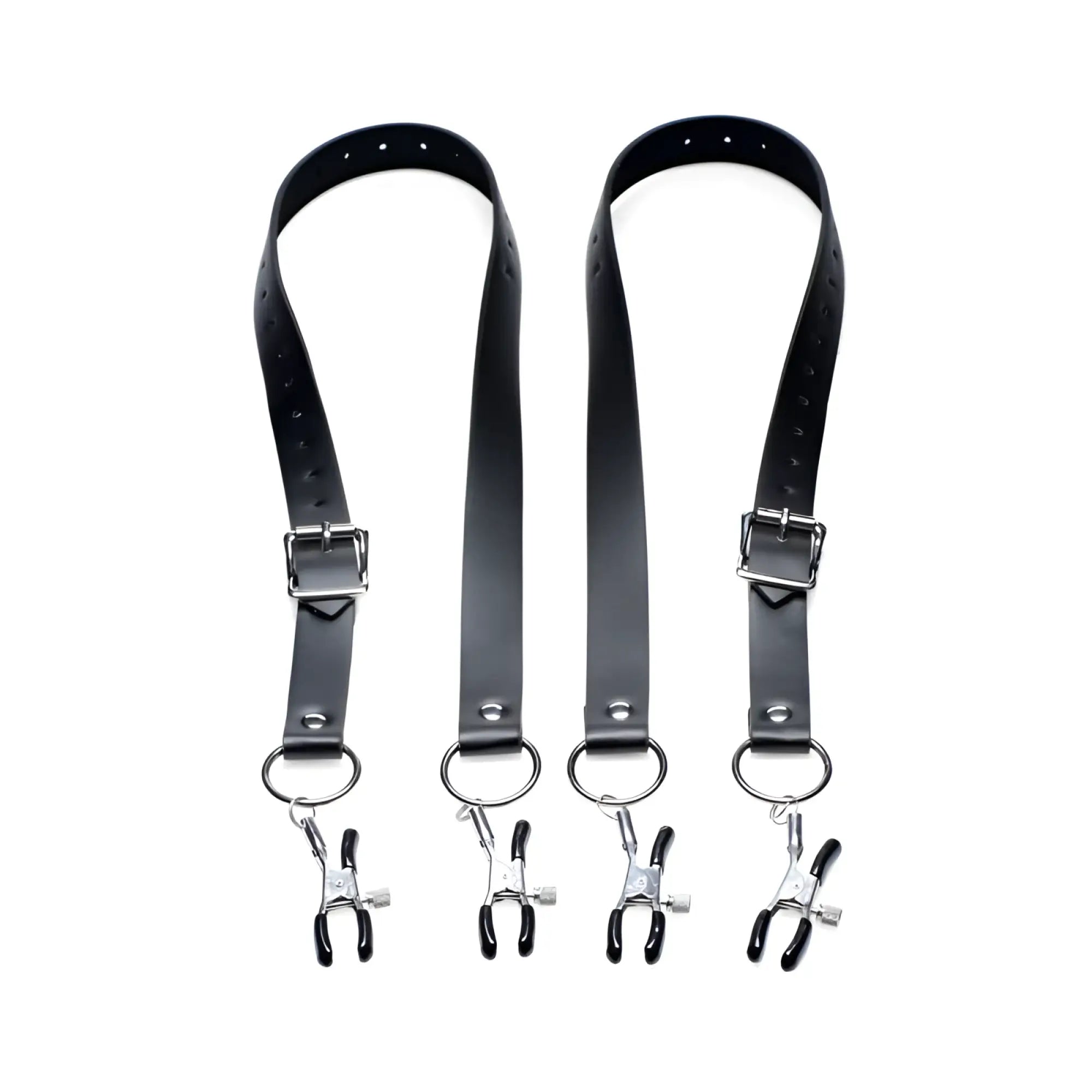 Master series spread xl labia spreader straps made of black leather with silver buckles and black tipped metal clamps