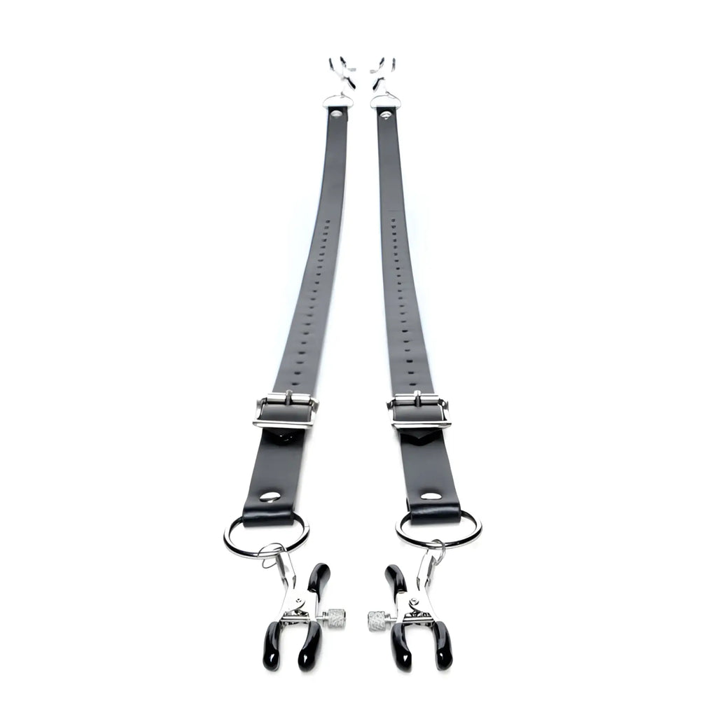 Black leather master series spread xl labia spreader straps with silver metal clasps and black handled clamps