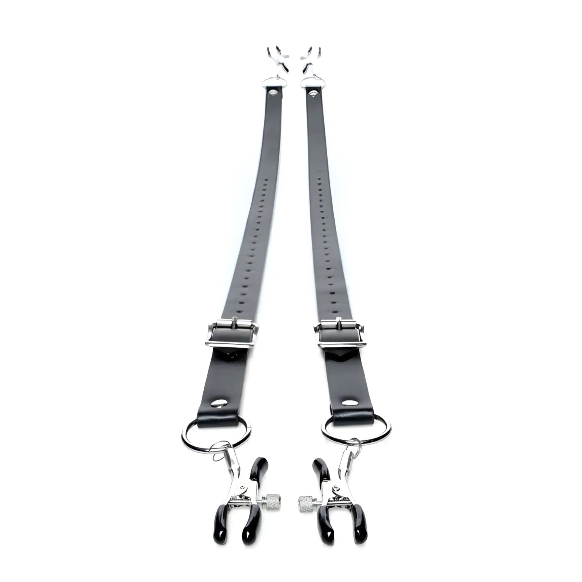 Black leather master series spread xl labia spreader straps with silver metal clasps and black handled clamps
