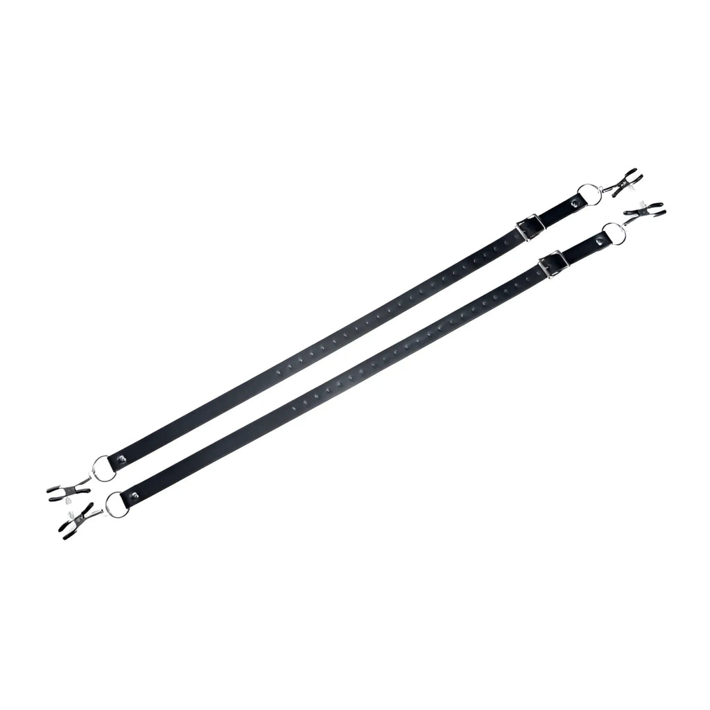 Black leather master series spread xl labia spreader straps with silver metal clasps and rings on each end