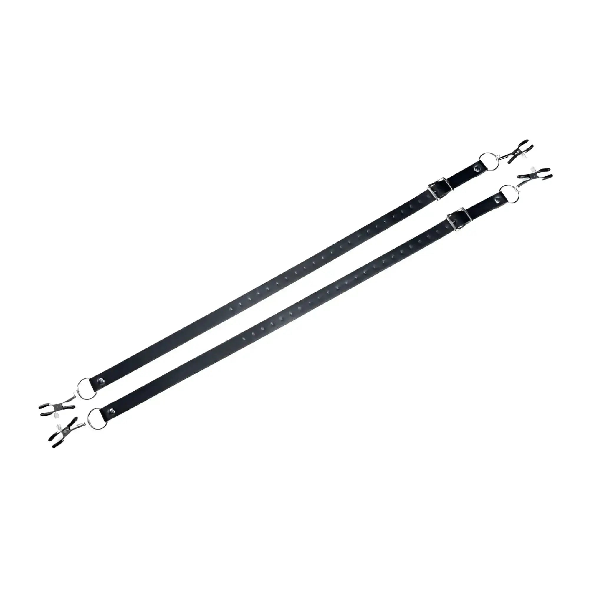 Black leather master series spread xl labia spreader straps with silver metal clasps and rings on each end