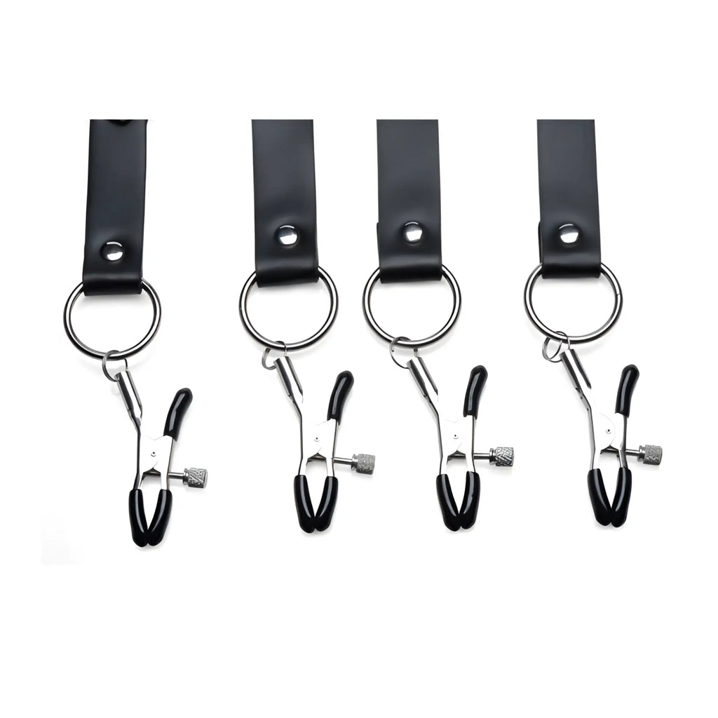 Set of four black leather-wrapped metal clamps with textured knobs and silver rings for master series spread xl labia spreader straps