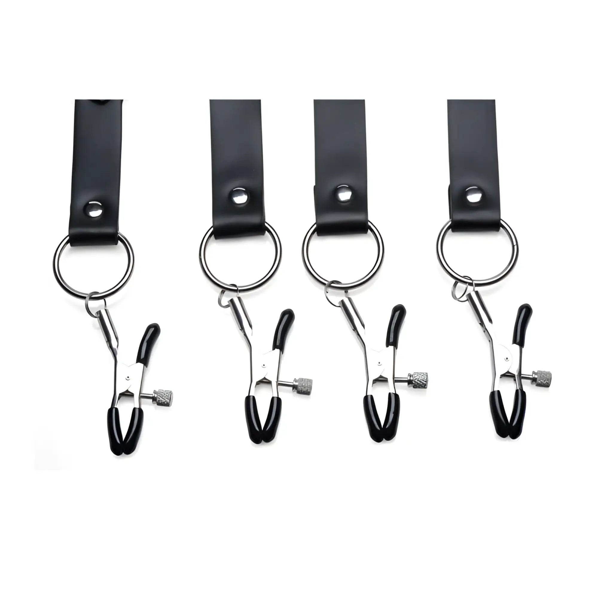 Set of four black leather-wrapped metal clamps with textured knobs and silver rings for master series spread xl labia spreader straps