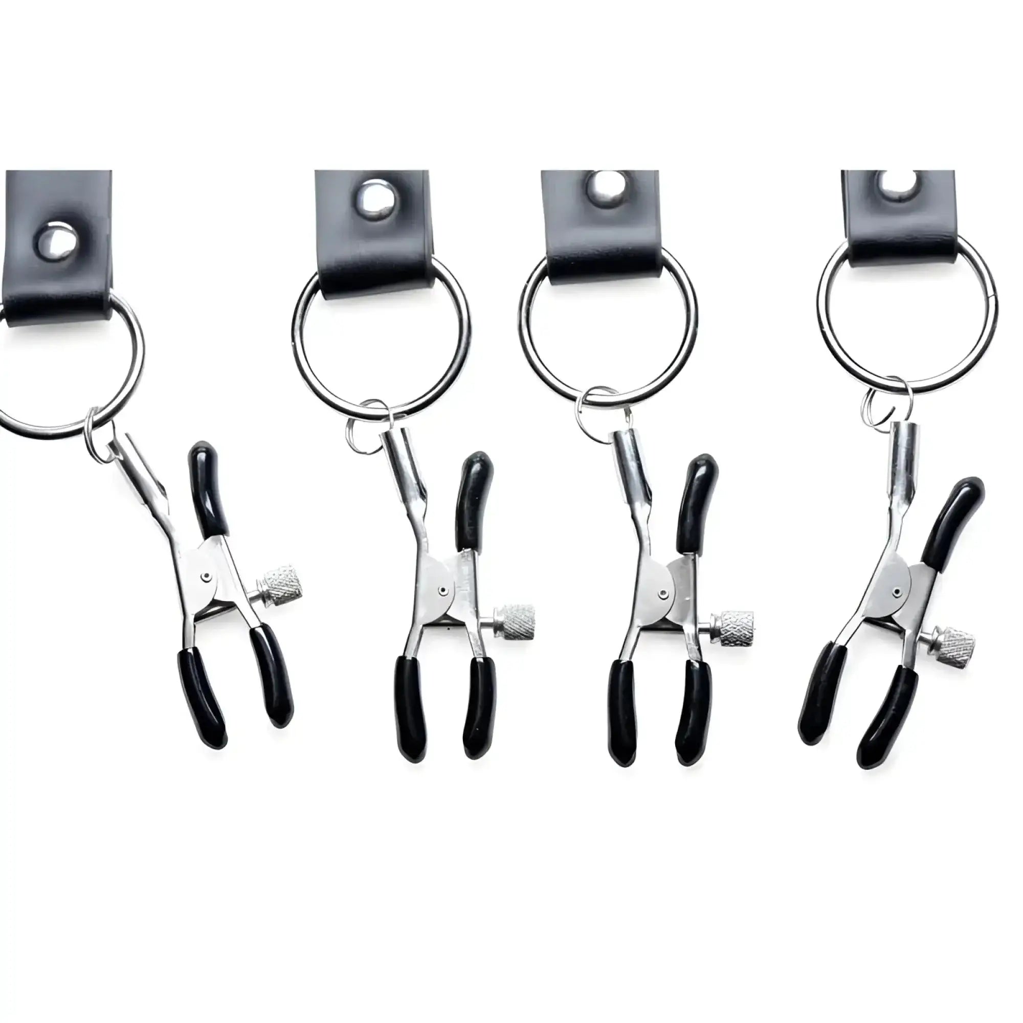 Set of four black and silver breast clamps with leather keychain rings from master series spread xl labia spreader straps