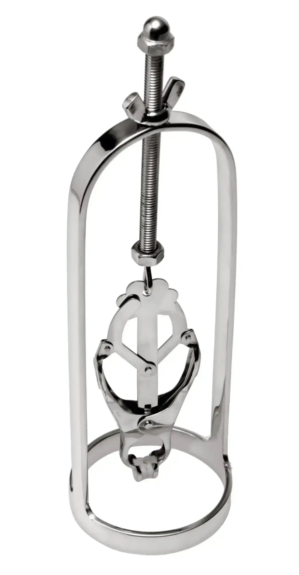 Shiny chrome-plated metal clarinet ligature with sleek curved design and adjustable screw