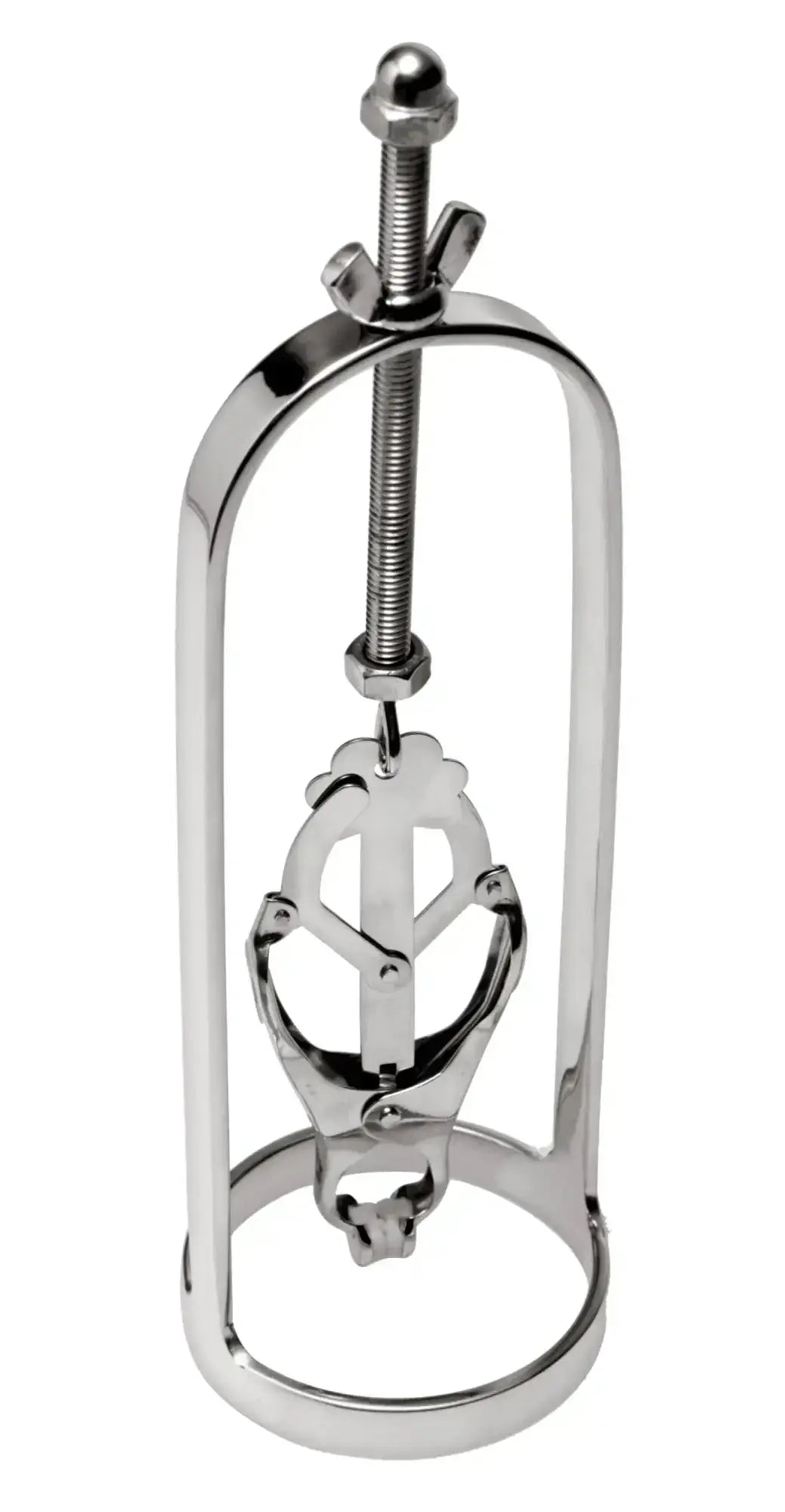 Shiny chrome-plated metal clarinet ligature with sleek curved design and adjustable screw