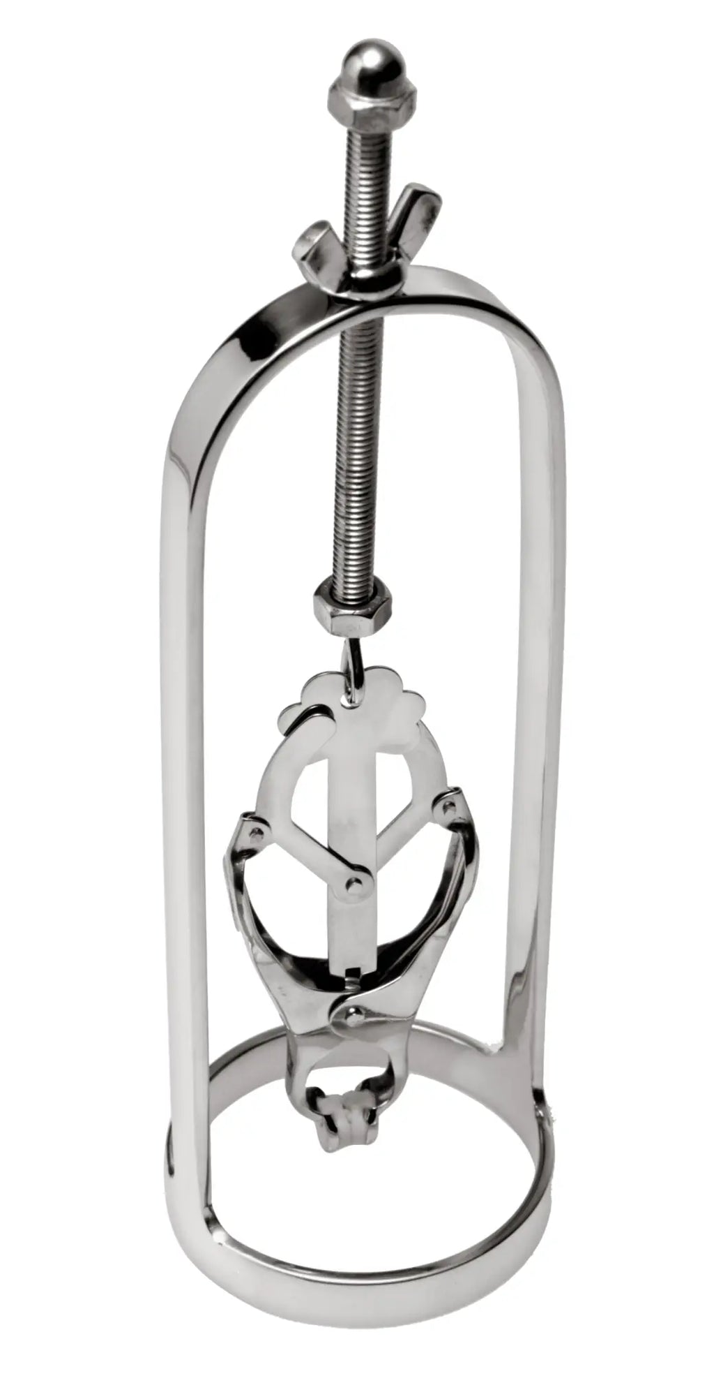 Shiny chrome-plated metal clarinet ligature with sleek curved design and adjustable screw for master series stainless steel clover clamp nipple stretcher