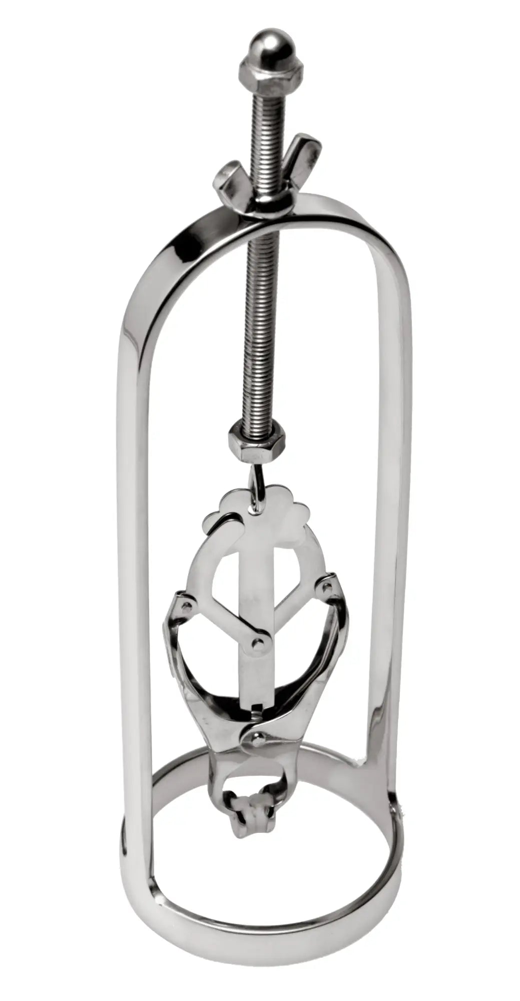Shiny chrome-plated metal clarinet ligature with sleek curved design and adjustable screw for master series stainless steel clover clamp nipple stretcher