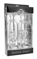 Silver metallic stainless steel master series clover clamp nipple stretcher in clear plastic display box with black packaging