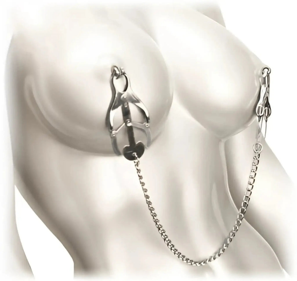 Master Series Sterling Monarch silver-toned metal nipple clamps with ornate design and heart-shaped accents