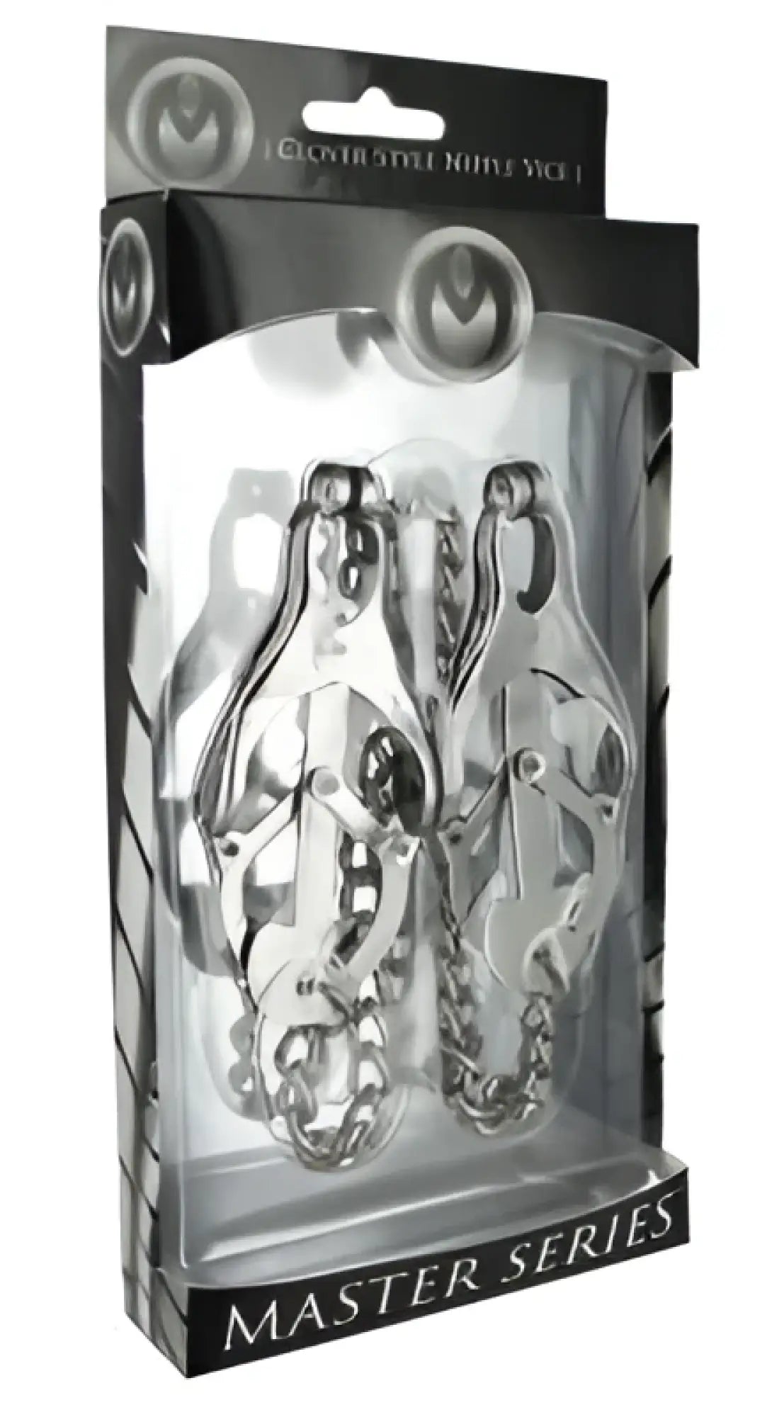 Master series sterling monarch nipple vice silver metallic clitoral nerve vibrators in clear plastic package with black branding