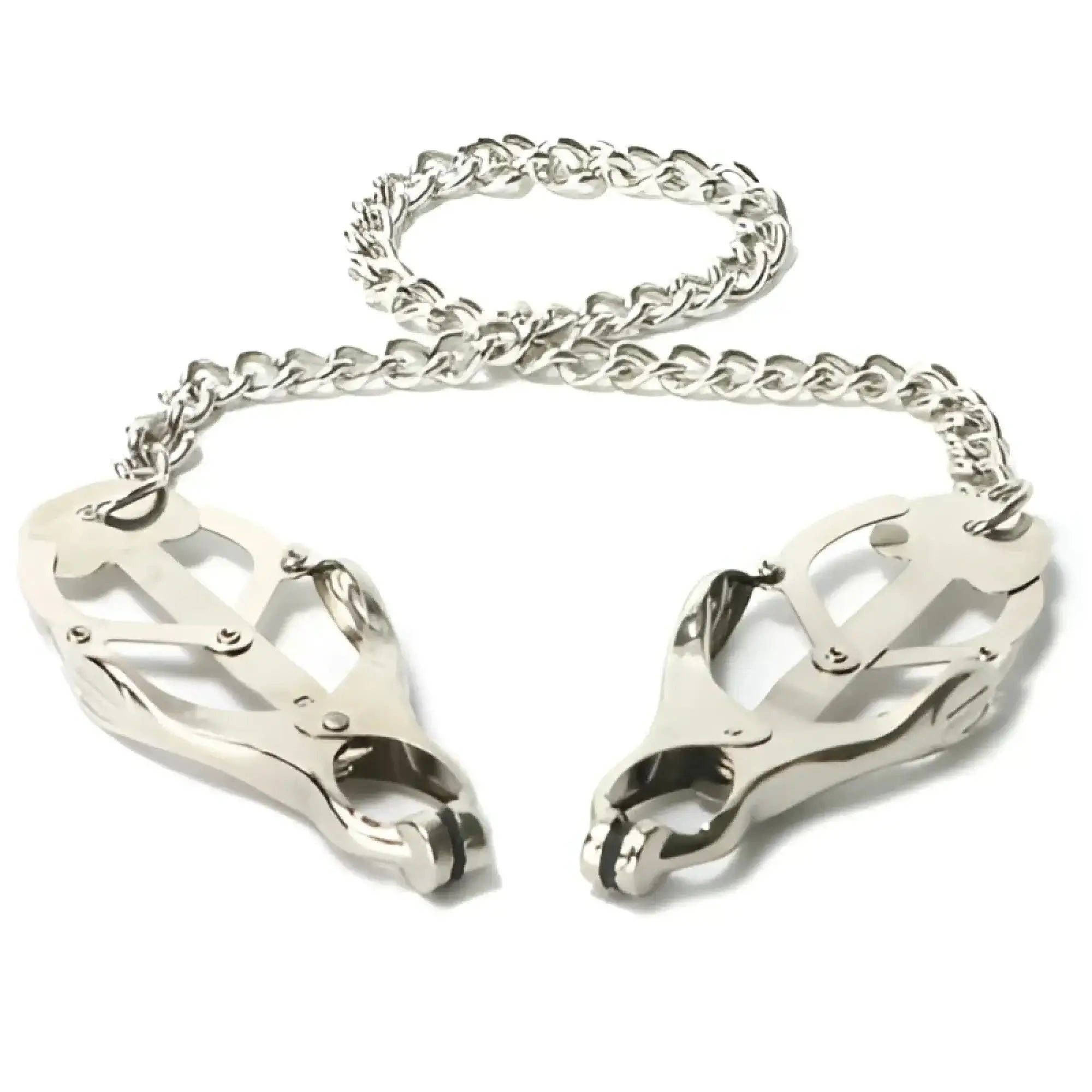 Silver-toned metal chain with two ornate claw-like clamps at each end for the master series sterling monarch nipple vice