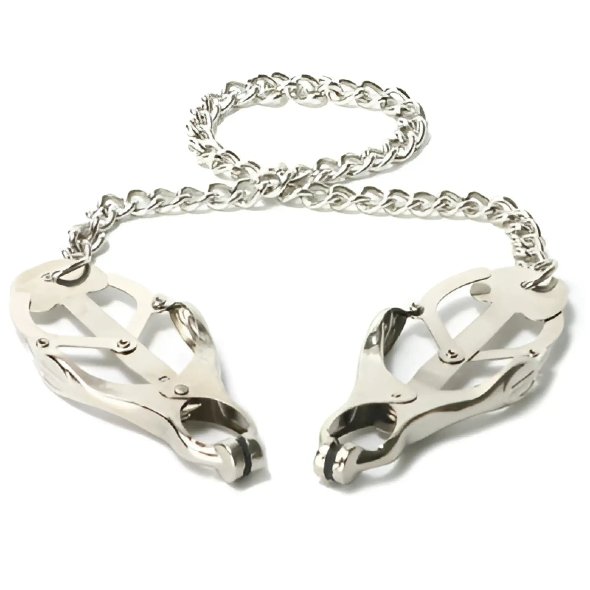 Silver-toned metal chain with two ornate claw-like clamps at each end for the master series sterling monarch nipple vice