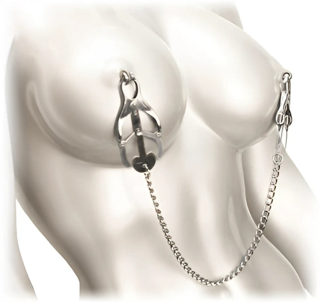 Master Series Sterling Monarch silver-toned metal nipple clamps with ornate design and heart-shaped accents connected by chain