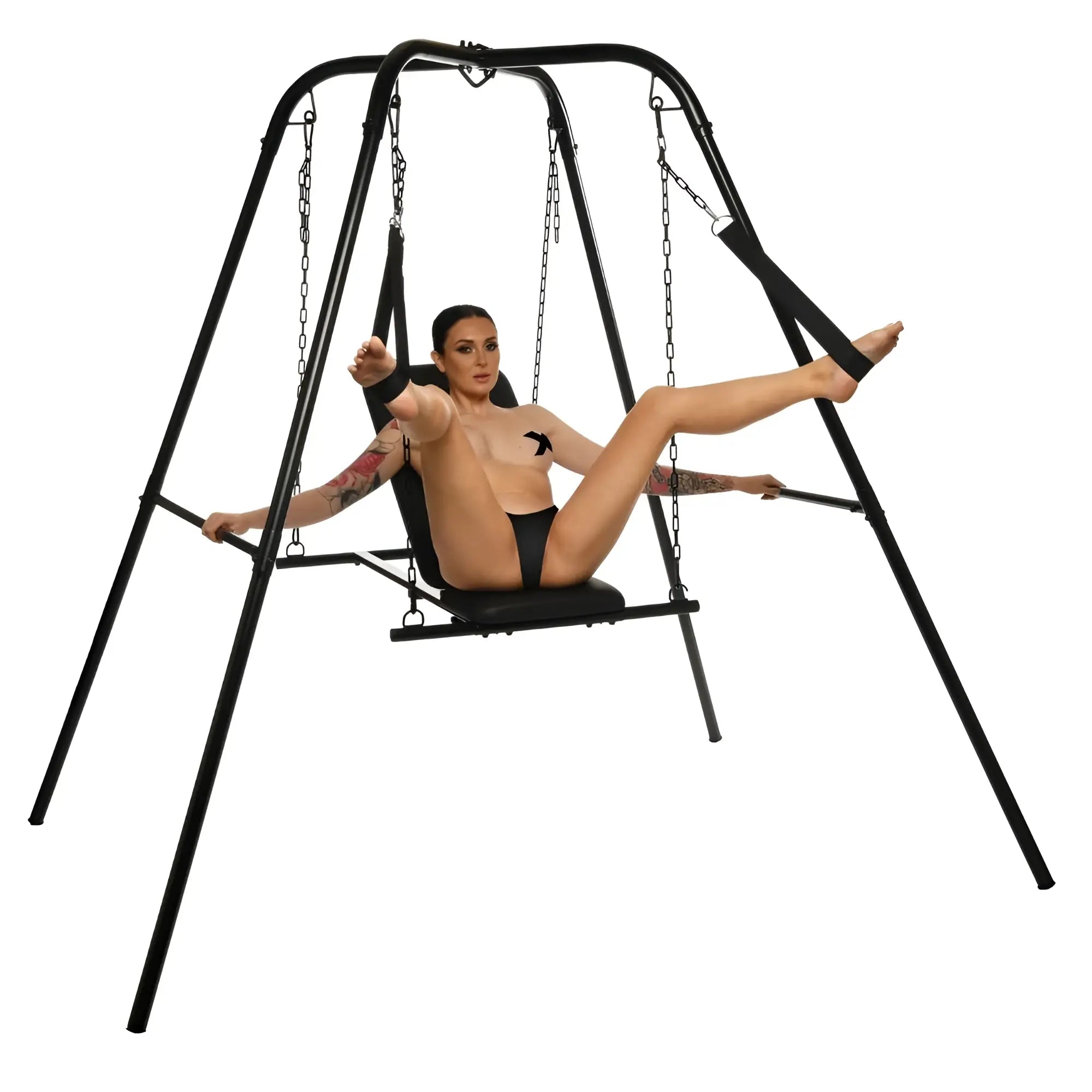 Black metal swing frame with padded seat and chains in master series throne adjustable sex sling with stand