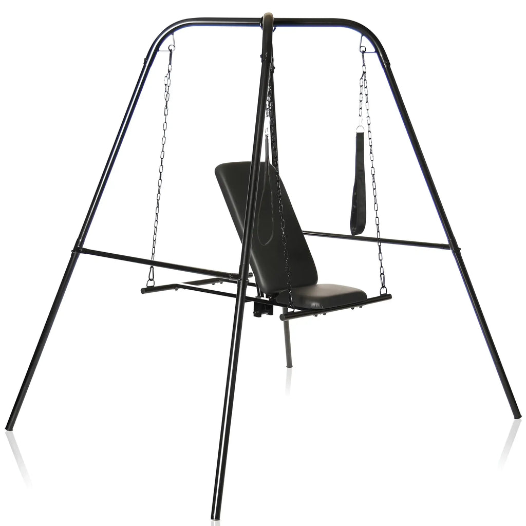Black metal master series throne adjustable sex sling with stand features padded seat and hanging strap for support