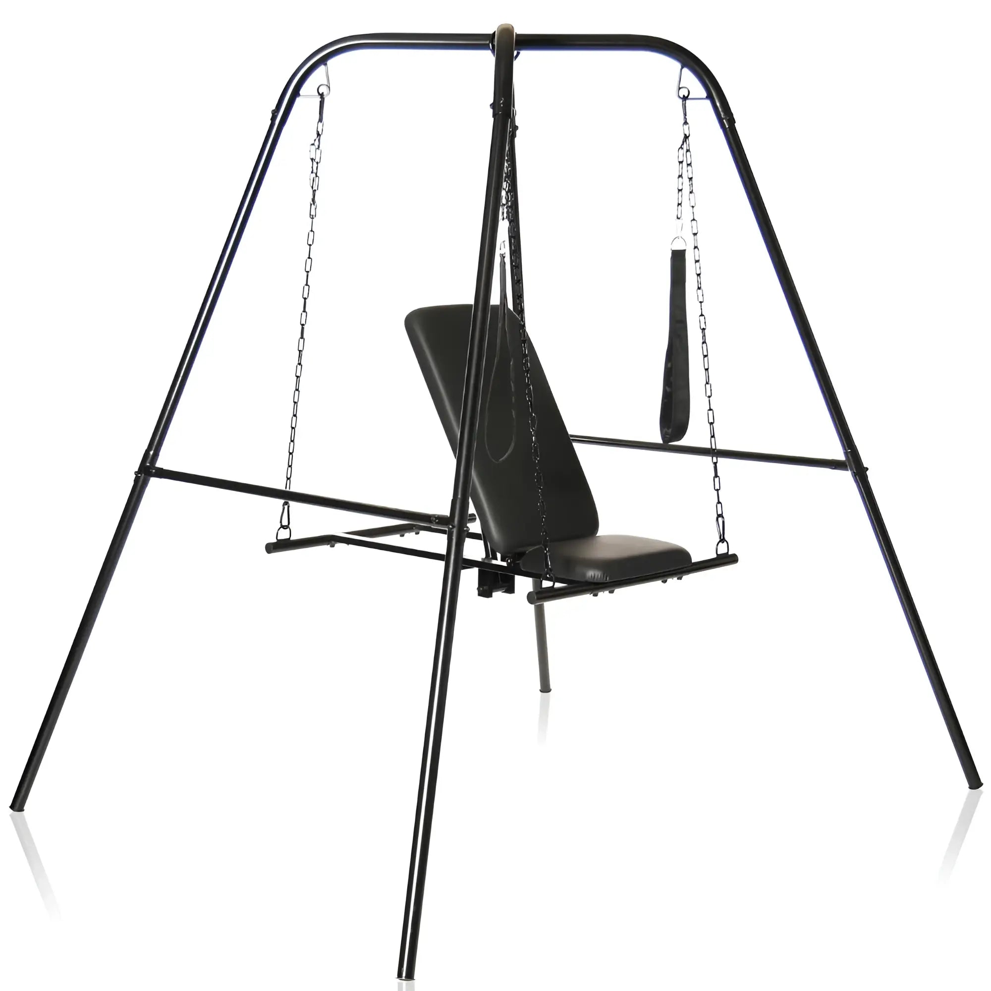 Black metal master series throne adjustable sex sling with stand features padded seat and hanging strap for support