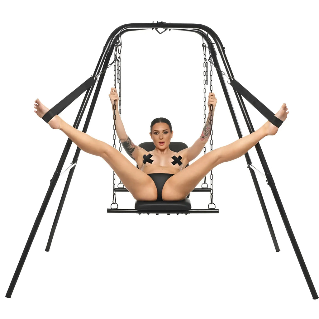 Black metal swing frame with padded seat and chains for the master series throne adjustable sex sling with stand