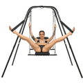 Black metal swing frame with padded seat and chains for the master series throne adjustable sex sling with stand