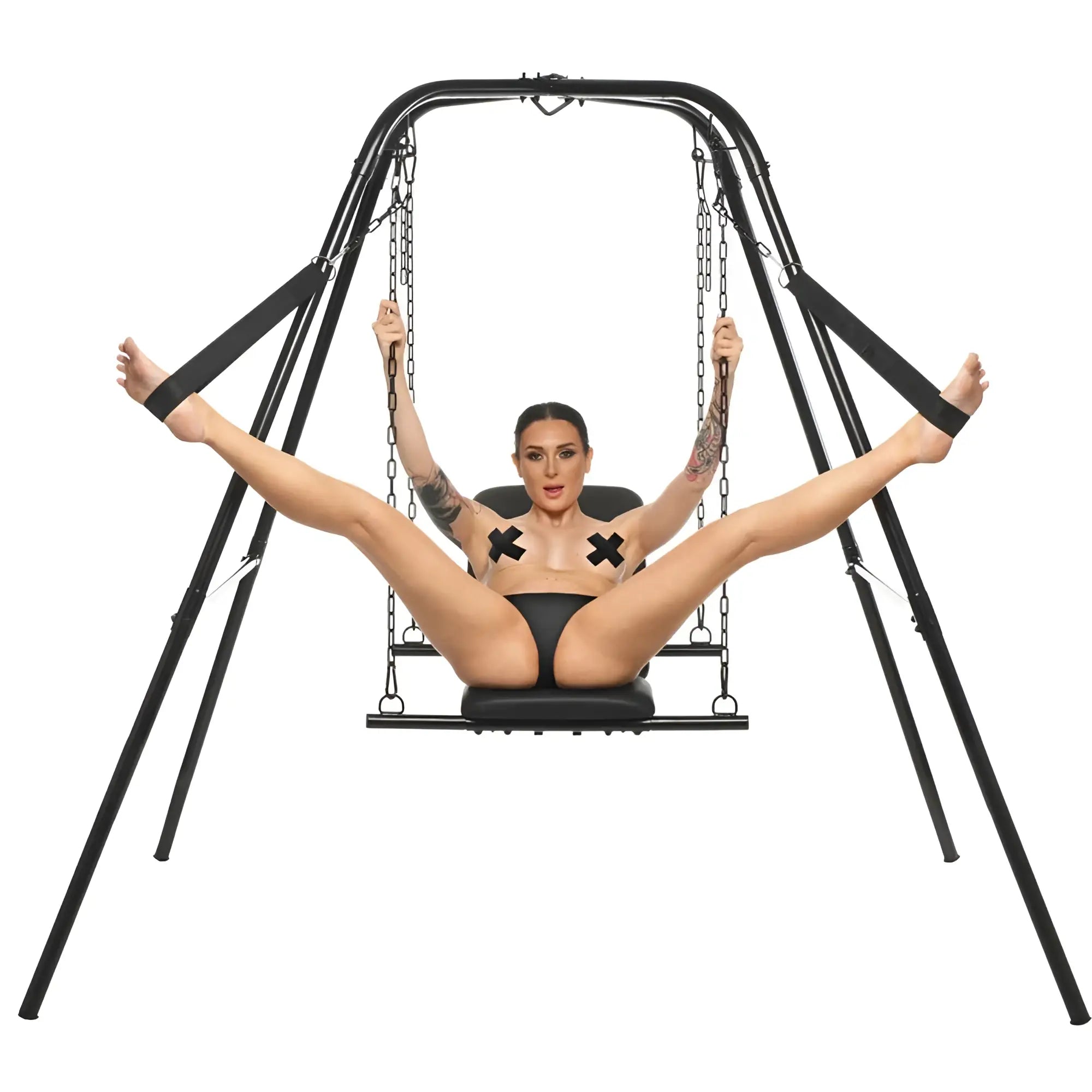 Black metal swing frame with padded seat and chains for the master series throne adjustable sex sling with stand