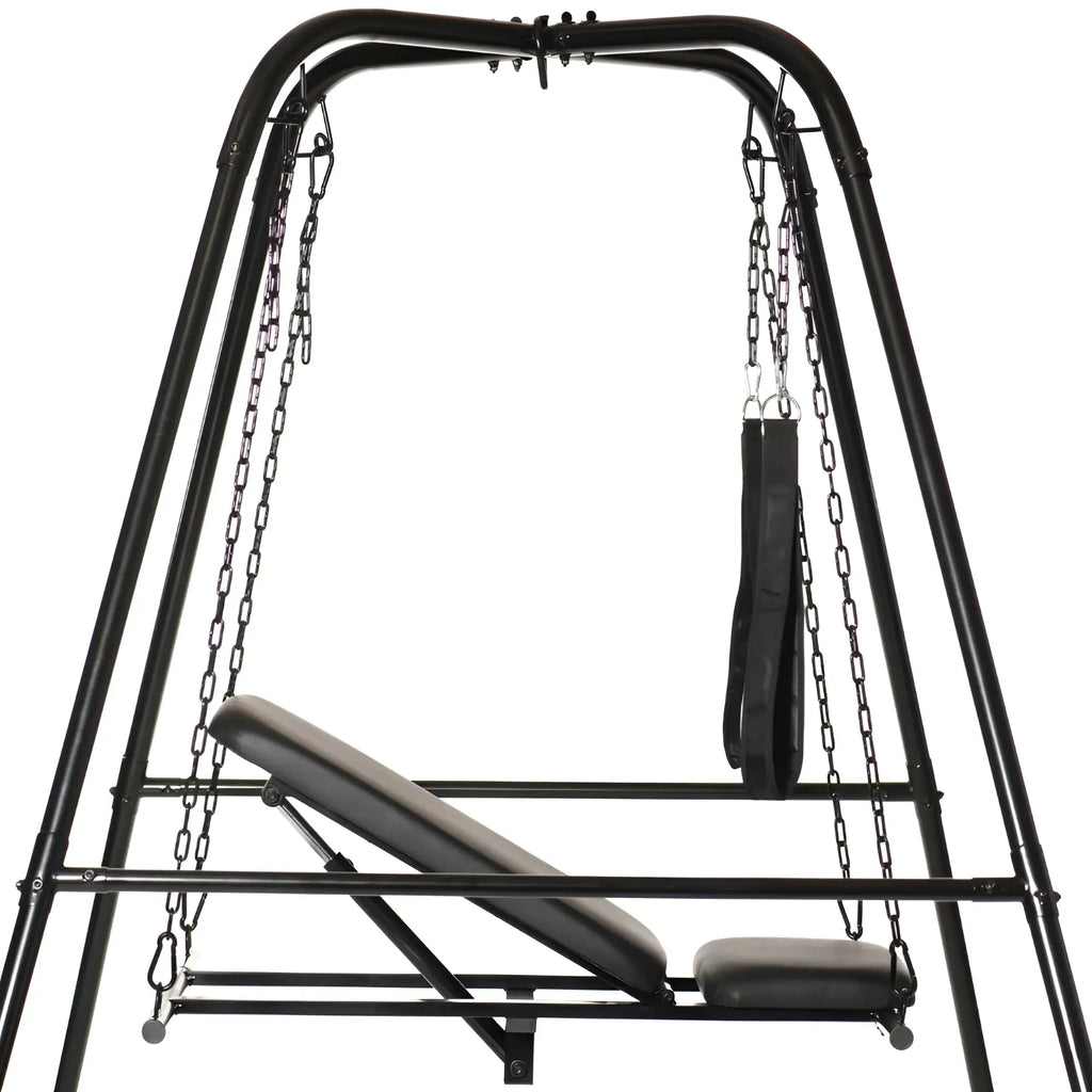 Black metal frame adjustable sex sling with padded seat and backrest from master series throne with stand