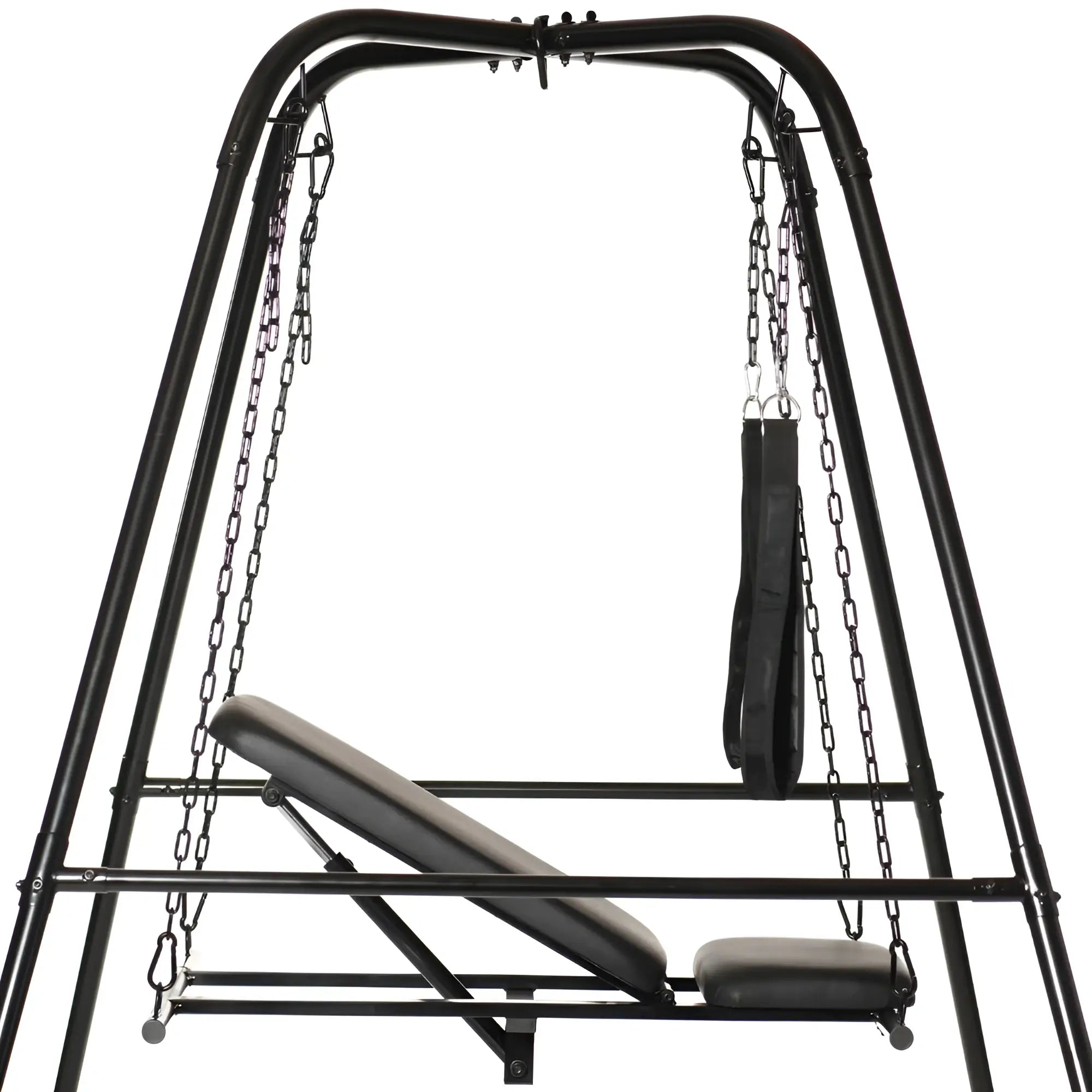 Black metal frame adjustable sex sling with padded seat and backrest from master series throne with stand
