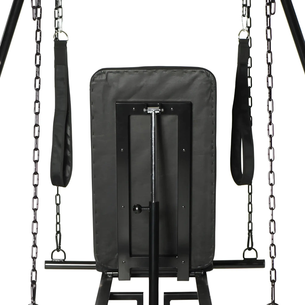 Black padded boxing bag stand with metal frame and hanging chains for master series throne adjustable sex sling use