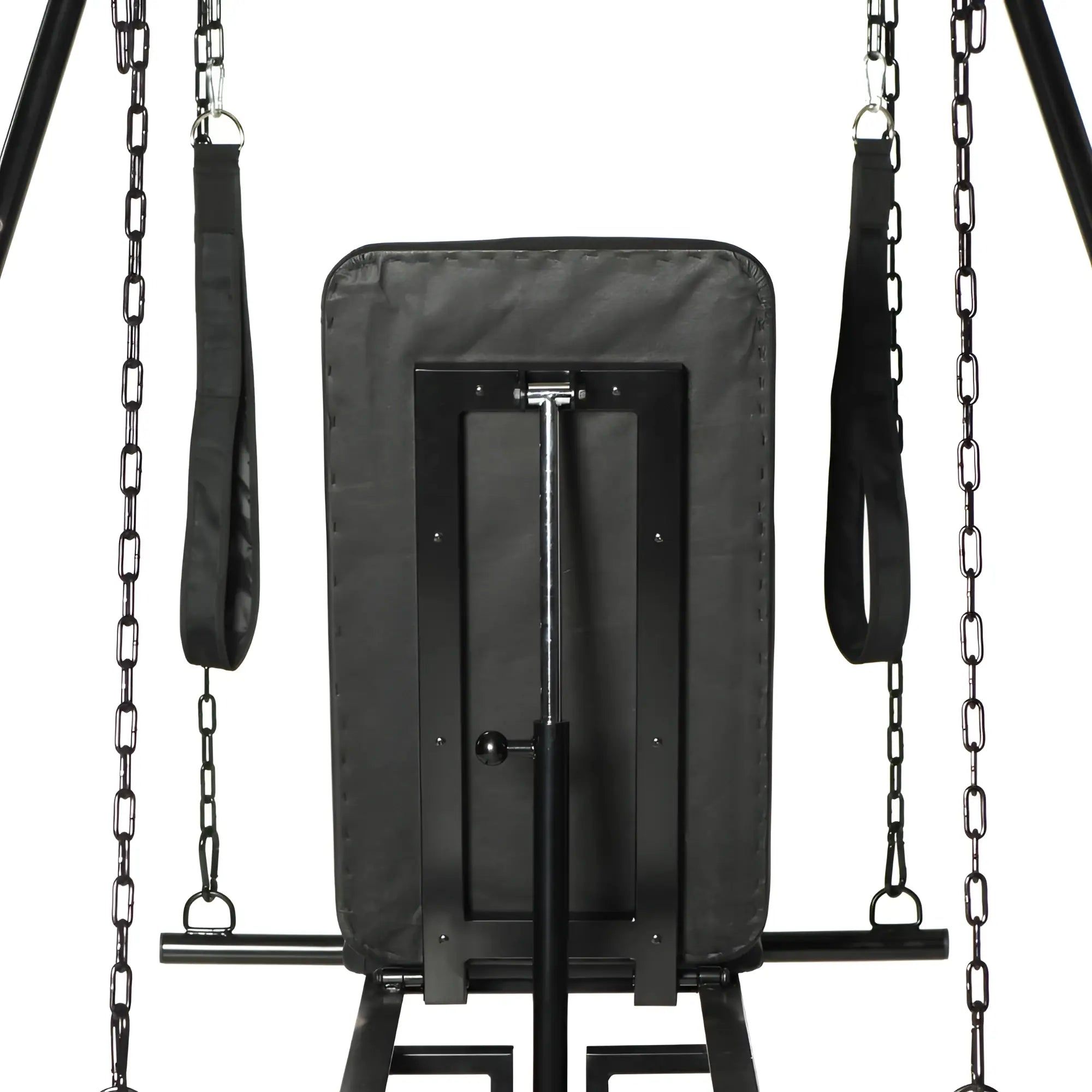 Black padded boxing bag stand with metal frame and hanging chains for master series throne adjustable sex sling use