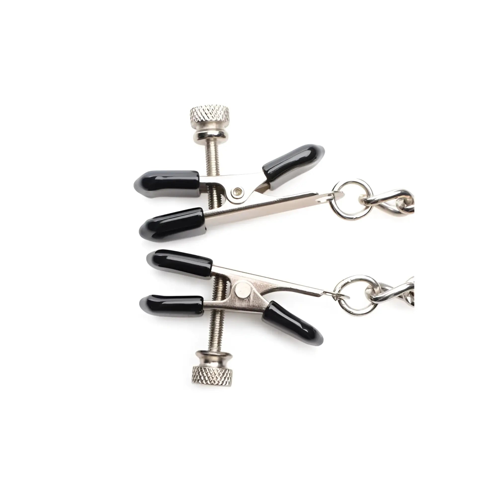 Black and silver metal Master Series titty taunter nipple clamps with textured adjustment knobs and chain attachments