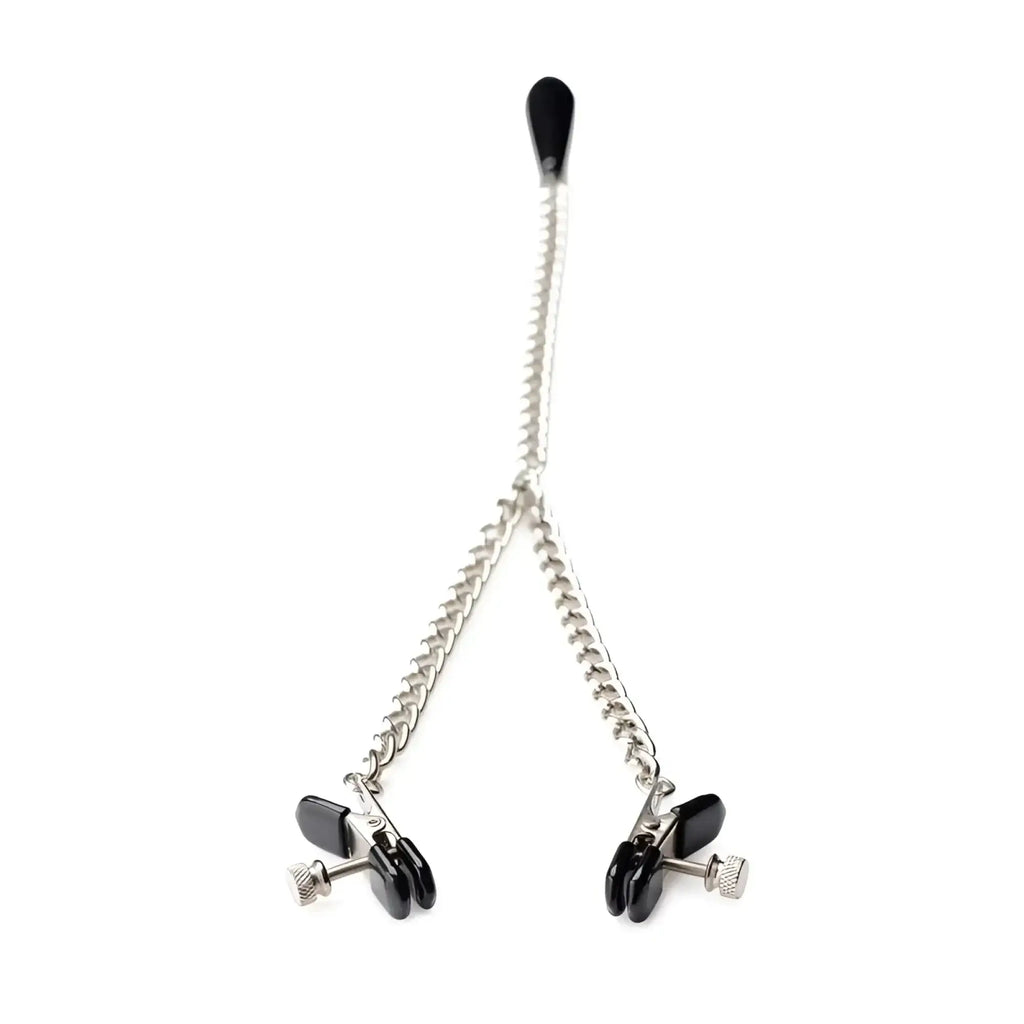 Silver chain master series titty taunter nipple clamps with black plastic clamps and weighted black teardrop end piece